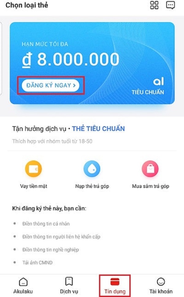 Click vào “Tín dụng” và chọn “đăng ký ngay”