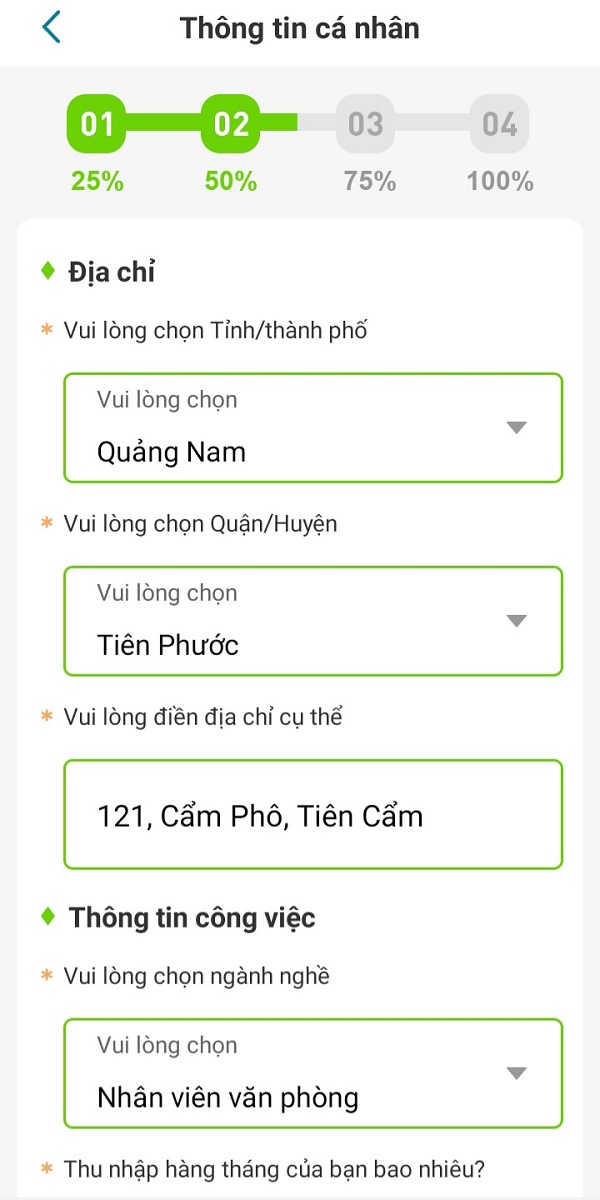 Điền thông tin địa chỉ của người vay