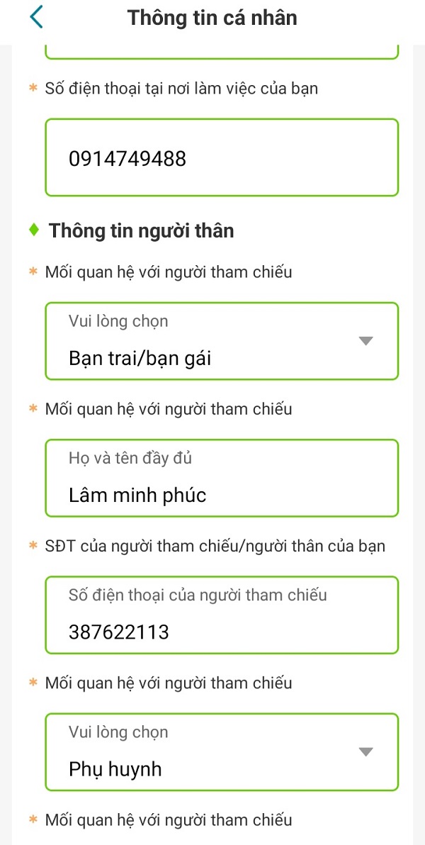 Thông tin về người thân