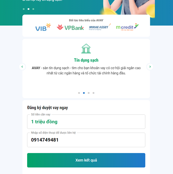 Hướng dẫn vay Avay trên website.