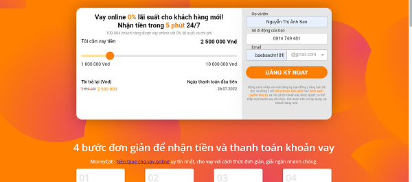 Bước 1 vay tiền qua web MoneyCat.