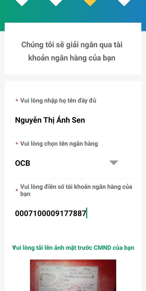 Điền thông tin tài khoản ngân hàng 