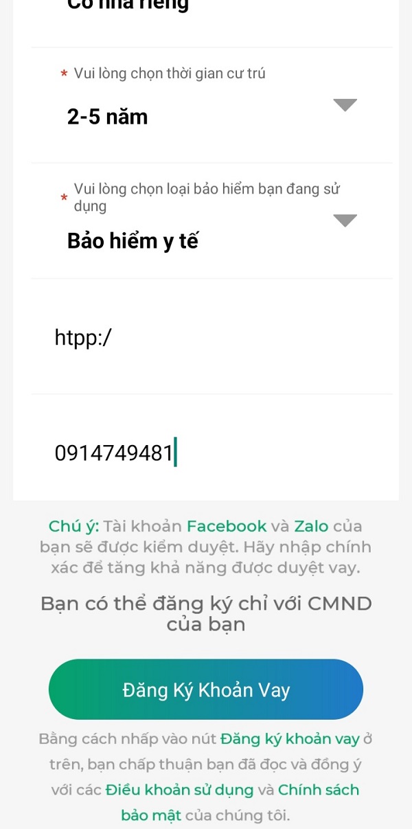 Click vào “Đăng ký khoản vay”