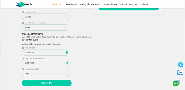 Điền đầy đủ thông tin cá nhân vào form đăng ký vay Oncredit