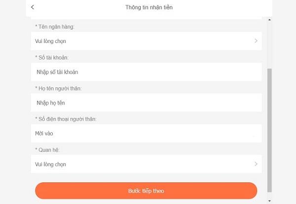 Điền thông tin về tài khoản ngân hàng và người thân người vay