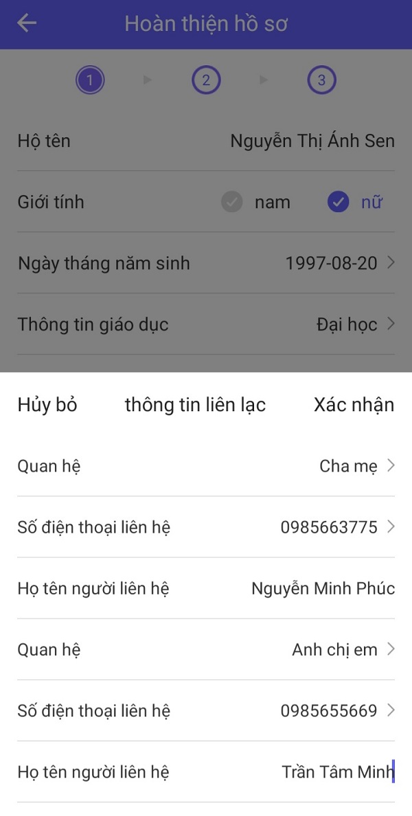 Điền thông tin về người thân của người vay