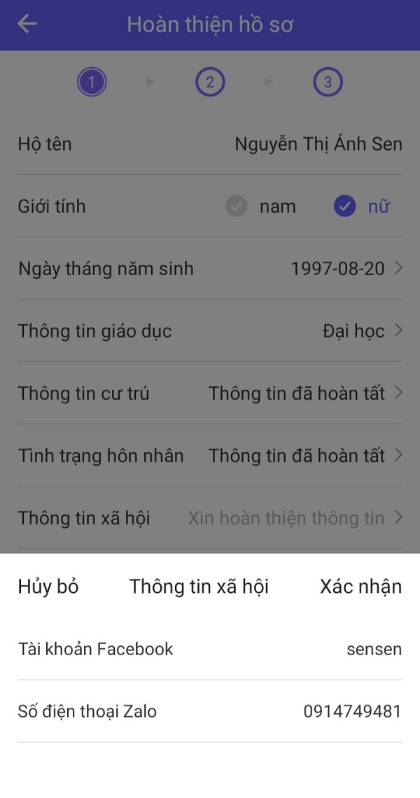 Điền thông tin về mạng xã hội của người vay