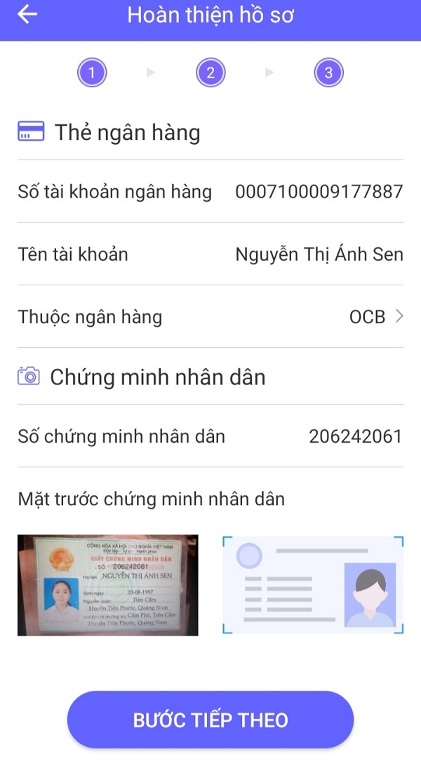 Điền thông tin về tài khoản ngân hàng và tải ảnh CCCD