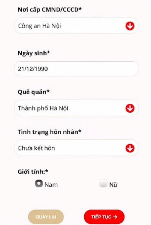 Điền thông tin cá nhân người vay