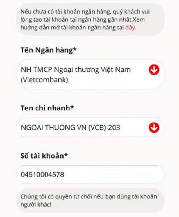 Thông tin về tài khoản ngân hàng