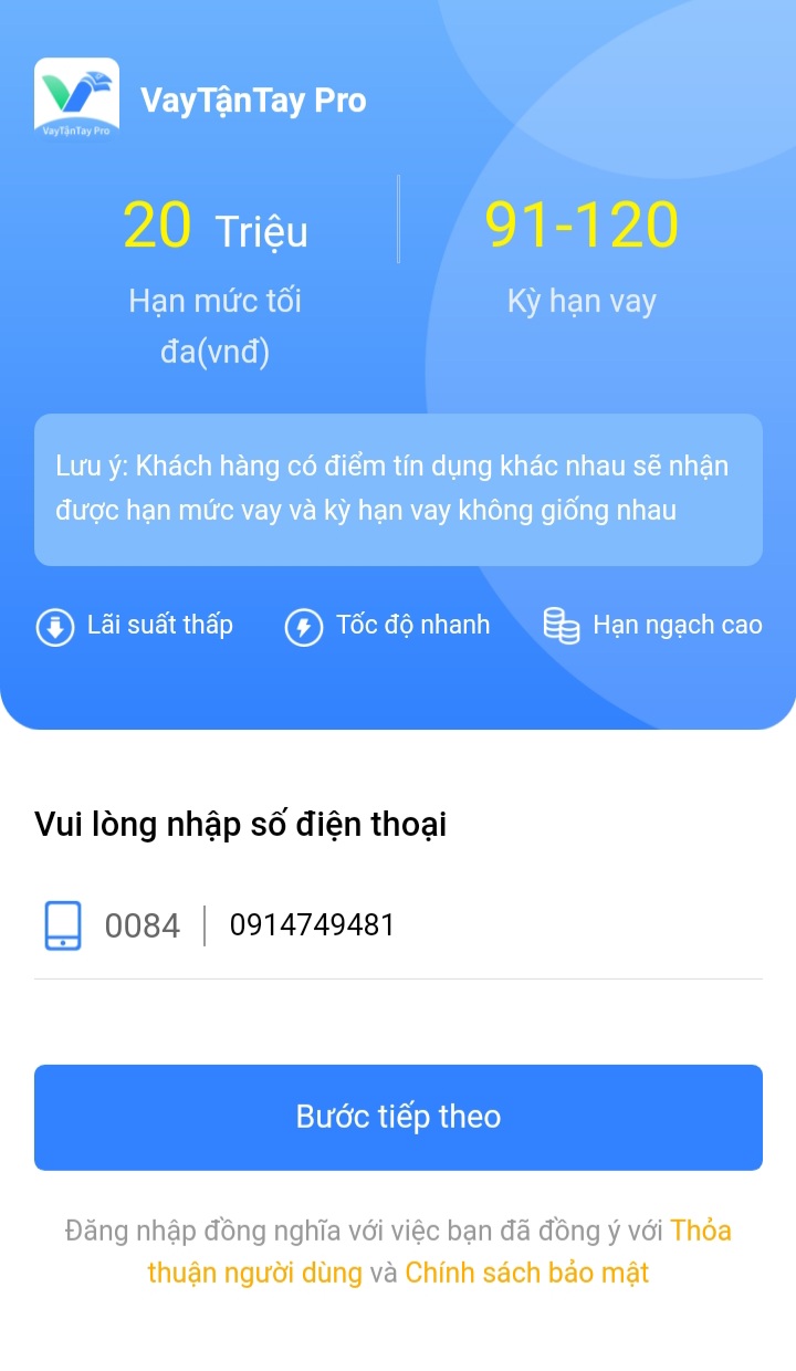 Bước 1 vay vốn nhanh Vay Tận Tay Pro.