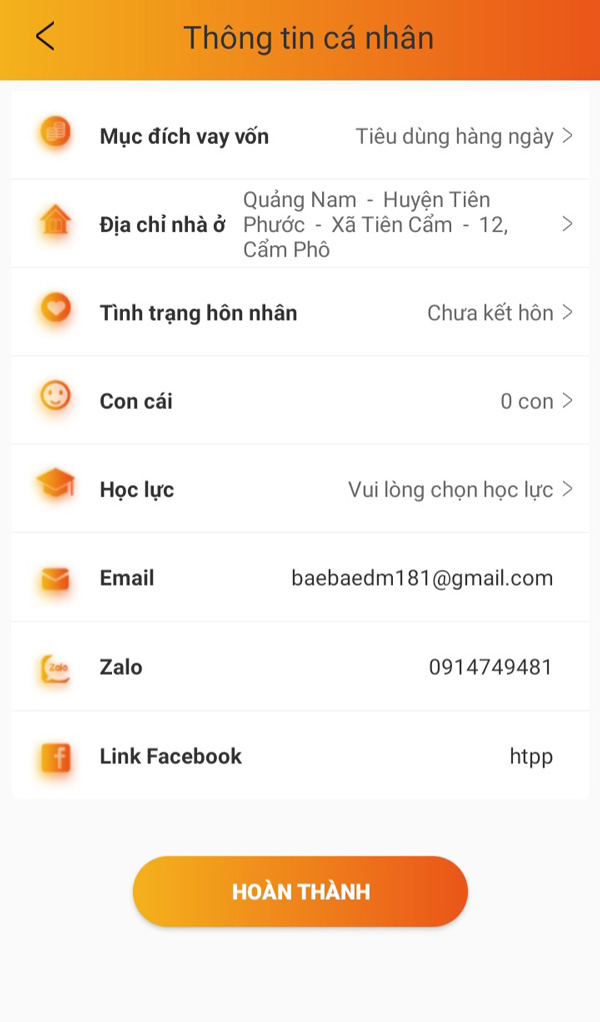 Nhập đầy đủ các thông tin