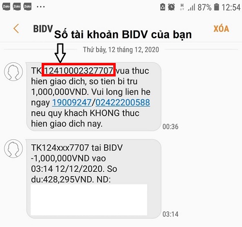 Số tài khoản ngân hàng BIDV.
