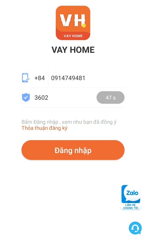 Đăng nhập vào App Vayhome