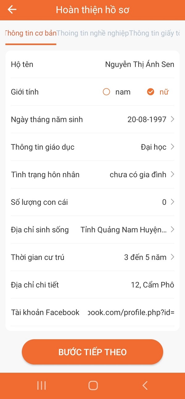 Thông tin cá nhân, địa chỉ và mạng xã hội của người vay