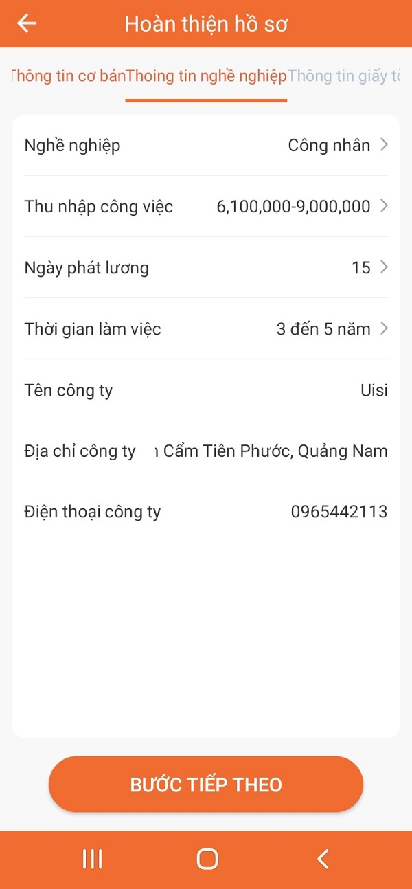 Thông tin về công việc của người vay