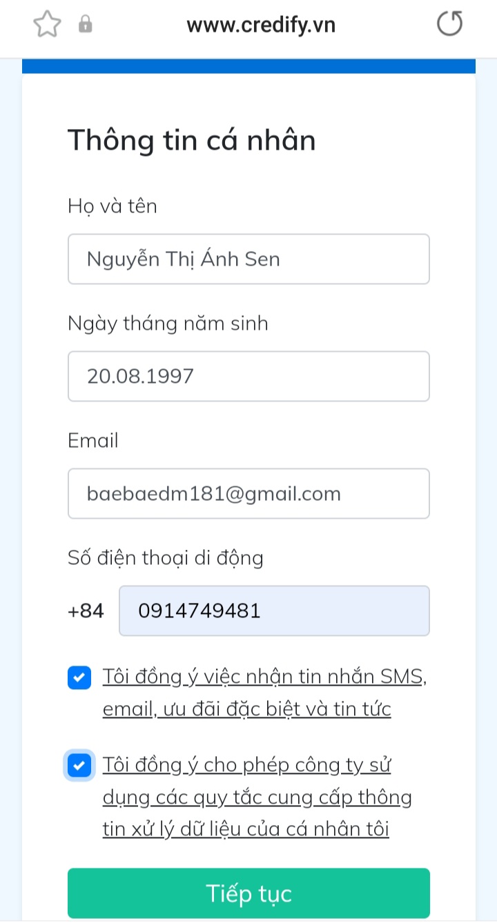 Bước 2 quy trình vay Credify.
