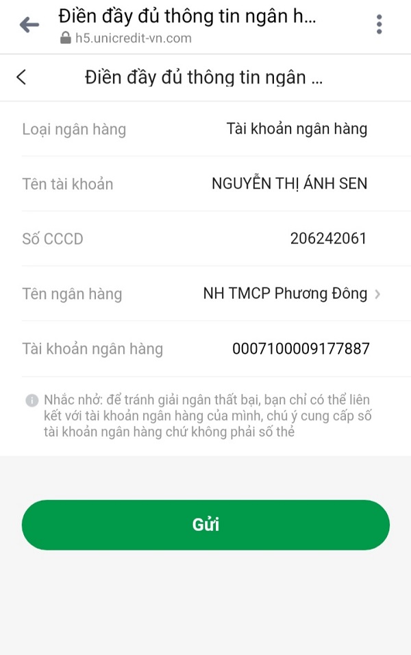 Người vay cung cấp thông tin về tài khoản ngân hàng