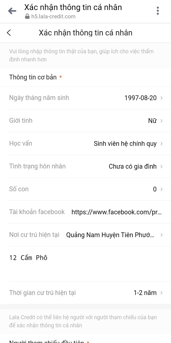 Điền đầy đủ thông tin cá nhân người vay