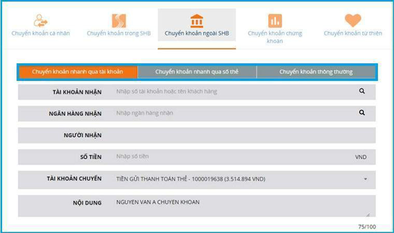 Chuyển tiền SHB Online