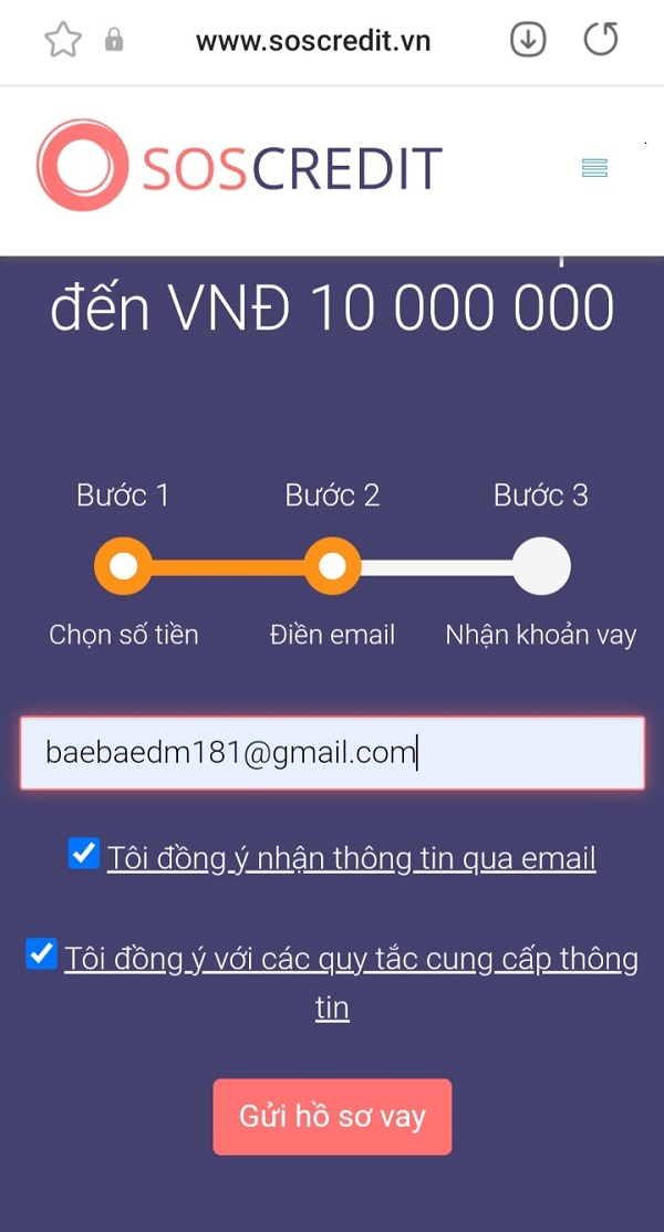 Khách hàng điền địa chỉ Email và gửi hồ sơ vay
