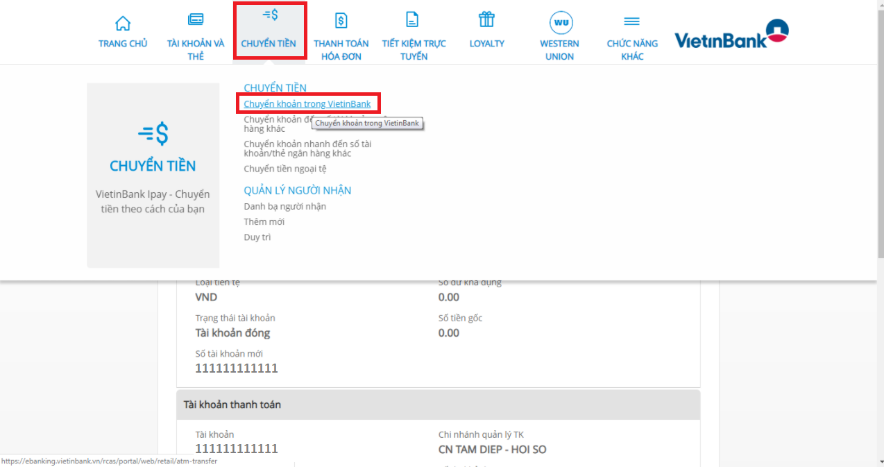 Hướng dẫn chuyển tiền Vietinbank qua Internet Banking.