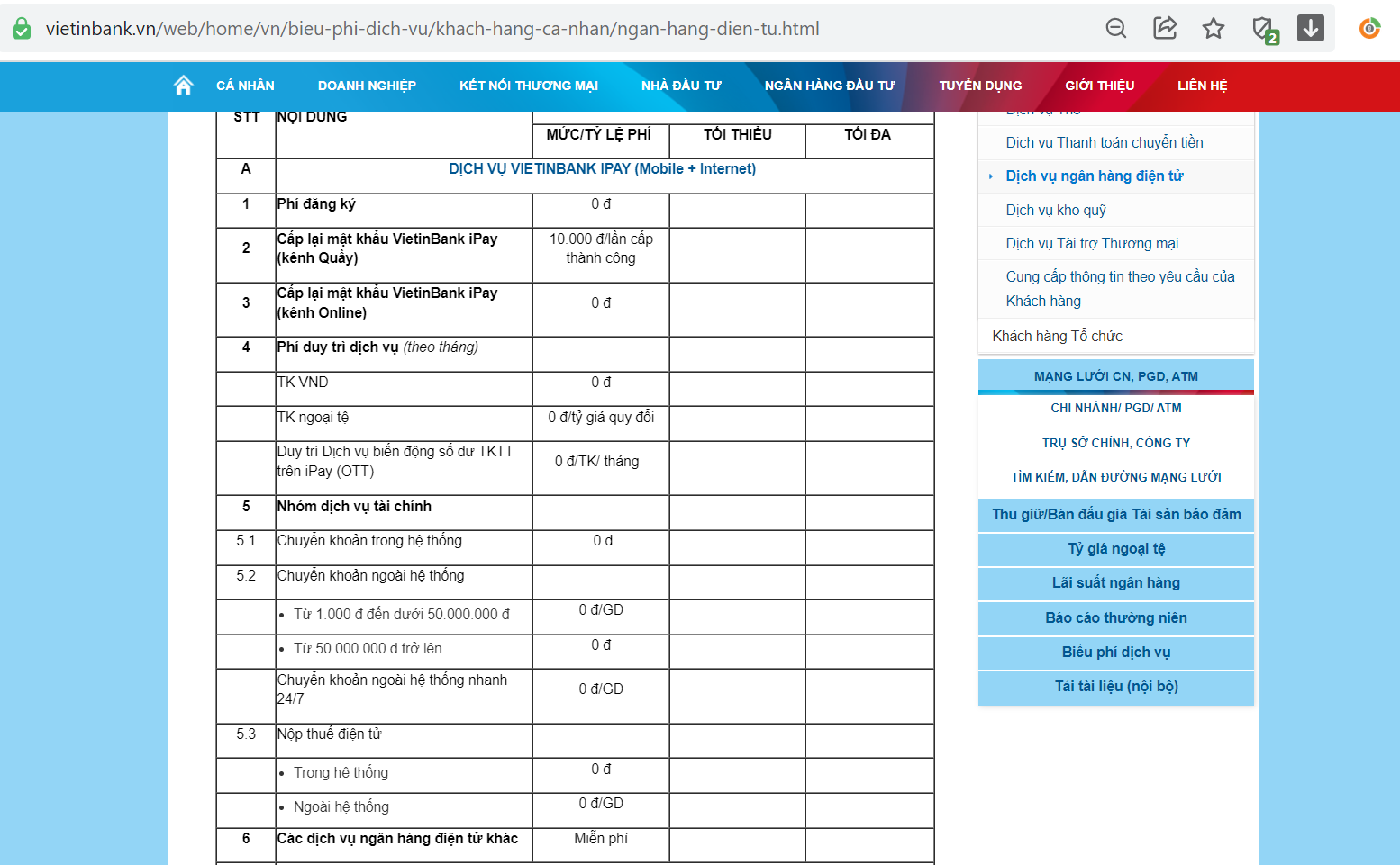 Biểu phí khi chuyển tiền Vietinbank qua Internet Banking.