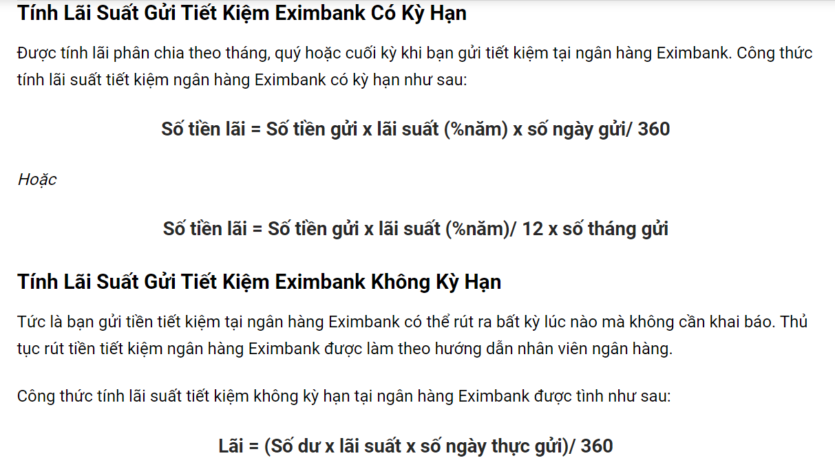Công thức tính lãi suất tiền gửi tiết kiệm ngân hàng Eximbank.