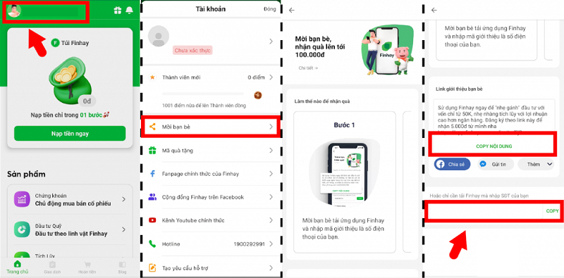 Các bước thực hiện để lấy mã giới thiệu trên App Finhay