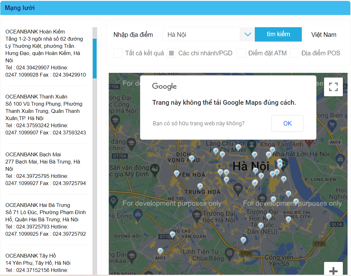 Cách tra cứu mạng lưới chi nhánh của ngân hàng Oceanbank.