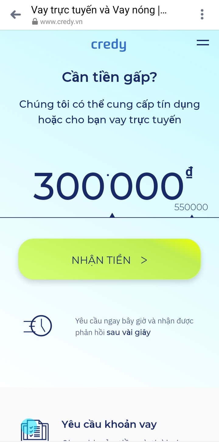 Bước 1 quy trình vay tiền Credy.