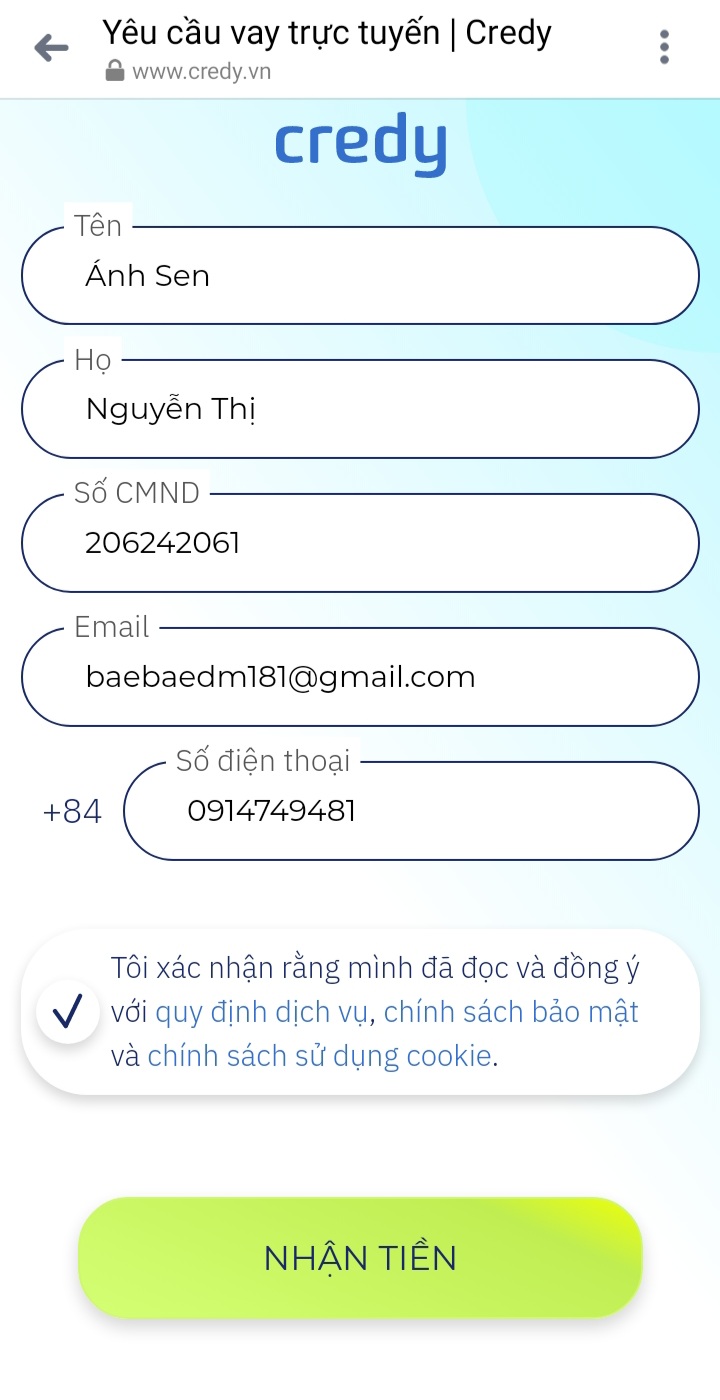 Bước 2 quy trình vay tiền Credy.