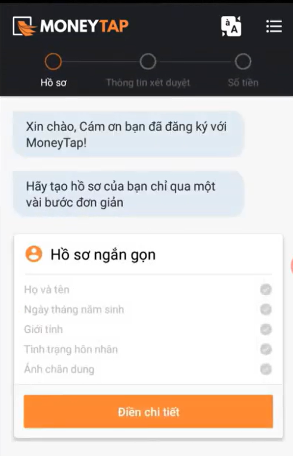 Bước 2 vay tiền Moneytap.