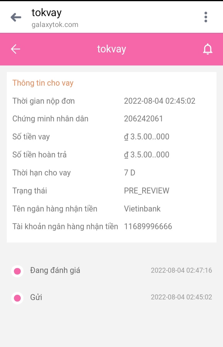 Bước 6 quy trình vay online Tok vay.