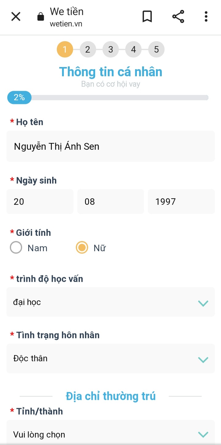 Bước 2 quy trình vay tiền Wetien.