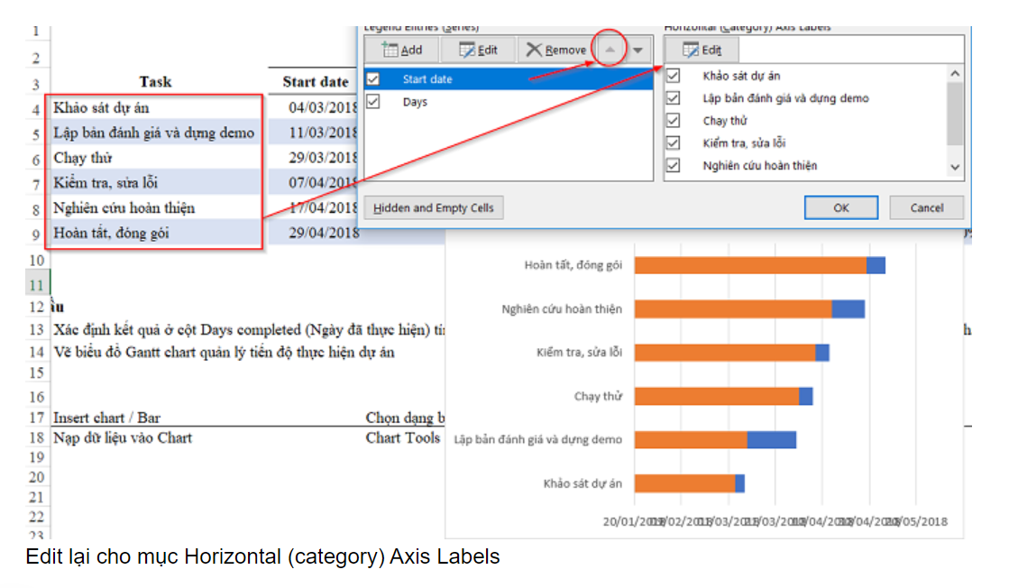 Trong Chart data range chọn vùng dữ liệu cần nạp