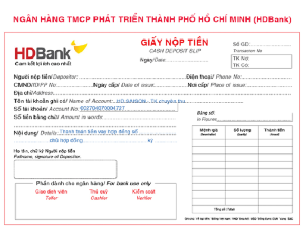 Biên lai thanh toán tiền vay trực tiếp tại ngân hàng HD Bank