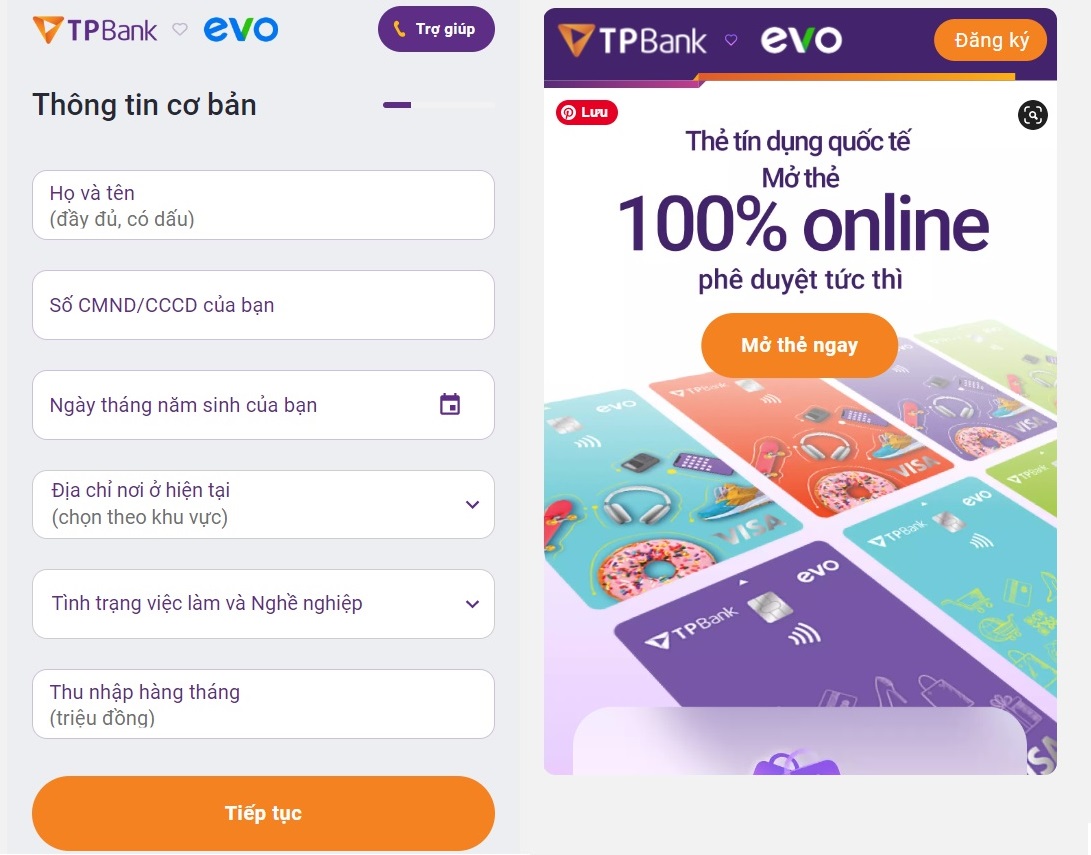 Đăng ký mở thẻ tại website EVO