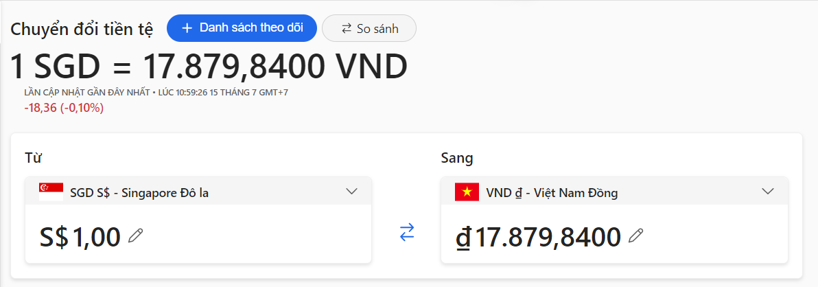 1 đô Sing bằng bao nhiêu tiền Việt Nam.