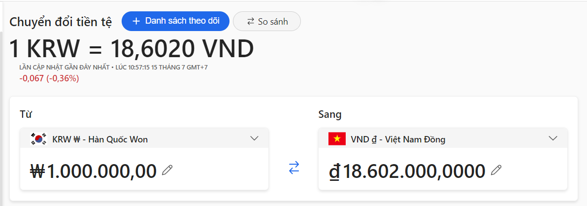 1 triệu Won bằng bao nhiêu tiền Việt?