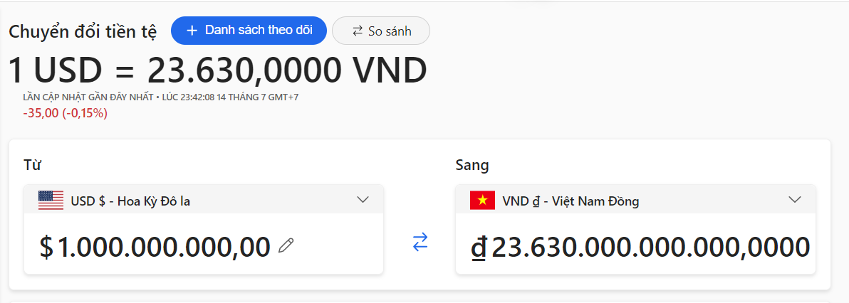 1 tỷ USD bằng bao nhiêu tiền Việt Nam?